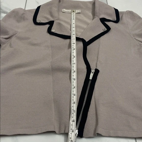 Karen Millen Knit Sweater Jacket Black Trim Asymmetrical Zipper V Neck Collar - Picture 13 of 14